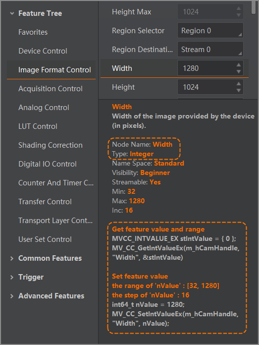 Check node information of width parameters.